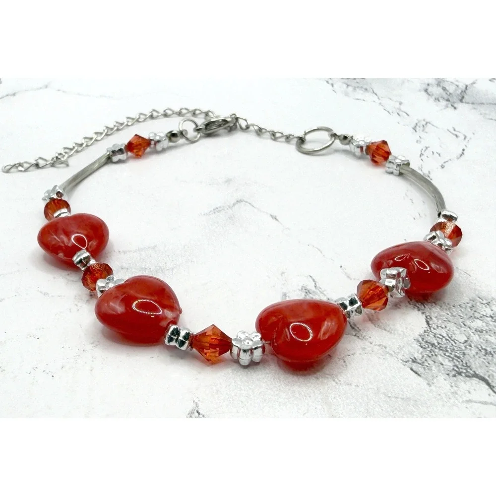 Red Heart Bead Necklace Adjustable 10–14